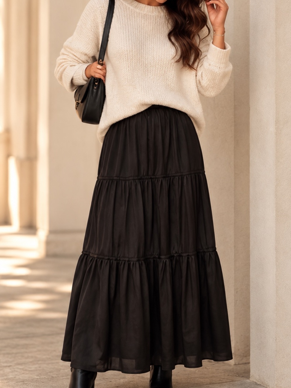 Joie Black Tiered Maxi Skirt Flowy Elastic Waist S/P